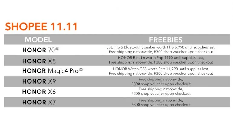 HONOR - Shopee 11.11 sale - list