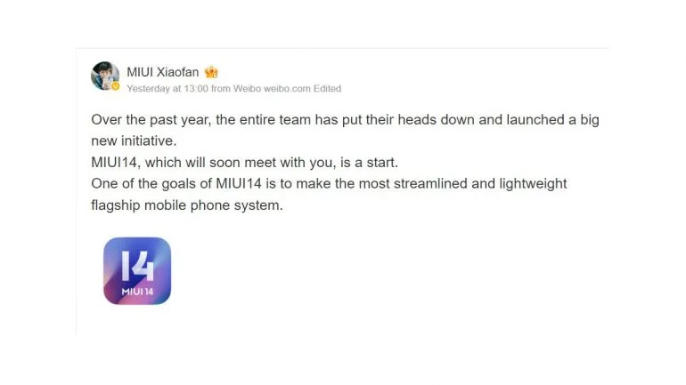 MIUI 14 - teased - Weibo post