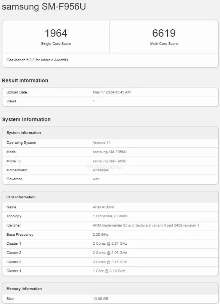 Samsung Galaxy Z Fold6 Geekbench listing 2