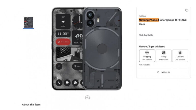 Nothing Phone (3) chipset Walmart listing