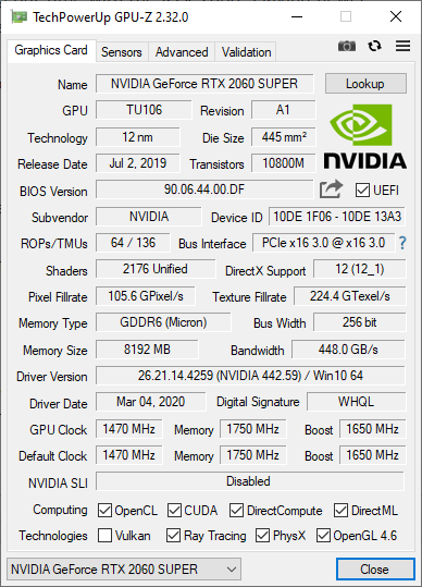 Arktek Arsenal RTX 2060 Super Review GPU Z