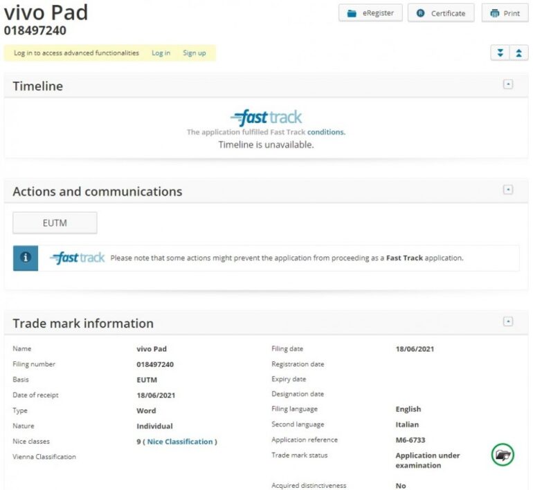 vivo Pad EUIPO application