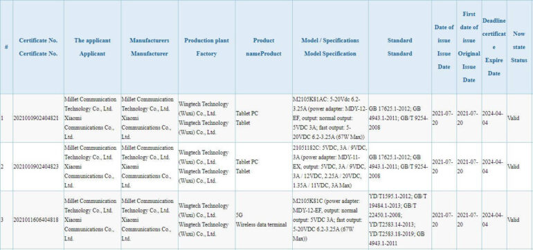 Xiaomi Mi Pad 5 3C certification screenshot