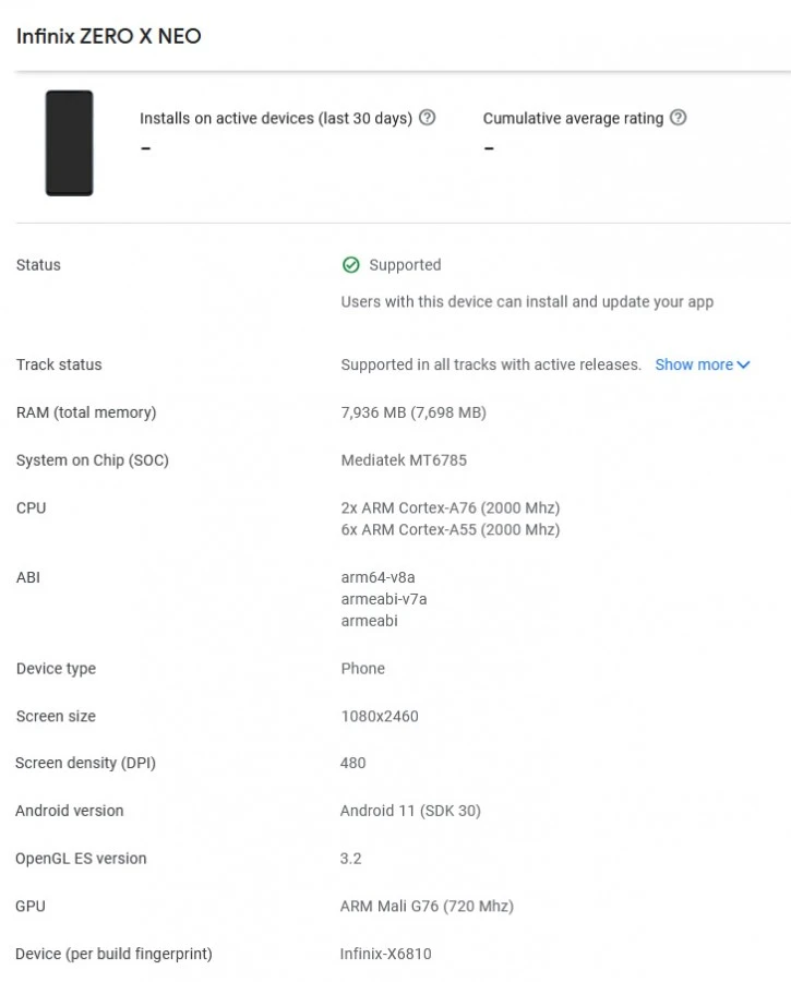 Infinix Zero X series Google Play Console - Zero X Neo