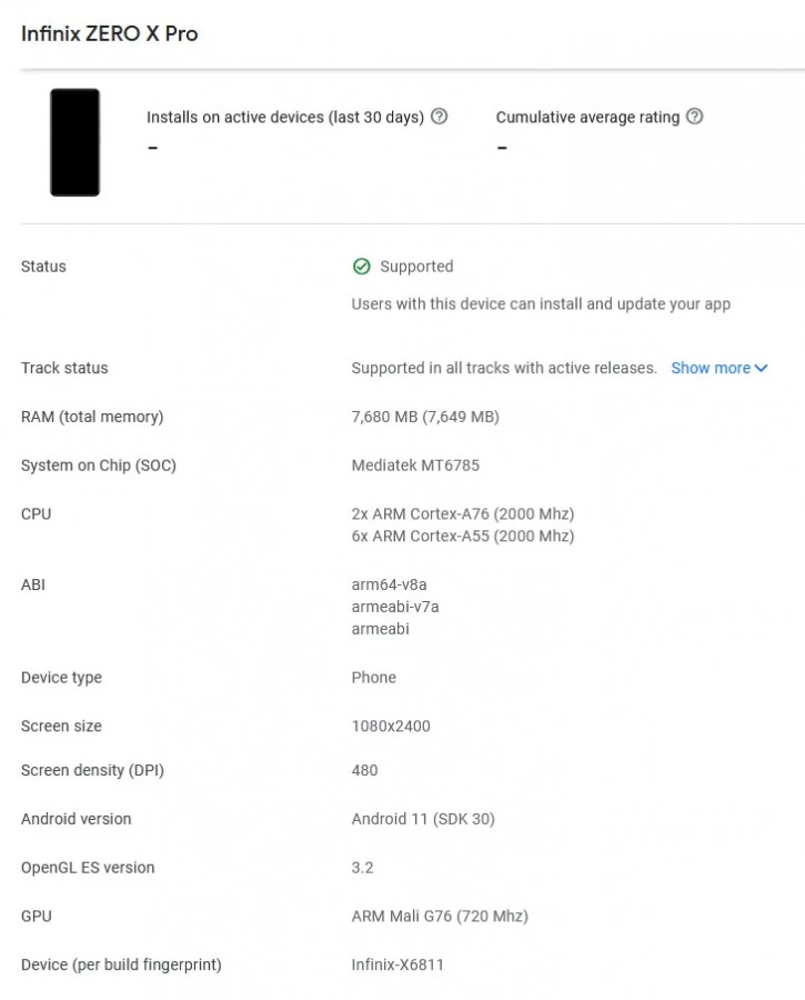Infinix Zero X series Google Play Console - Zero X Pro
