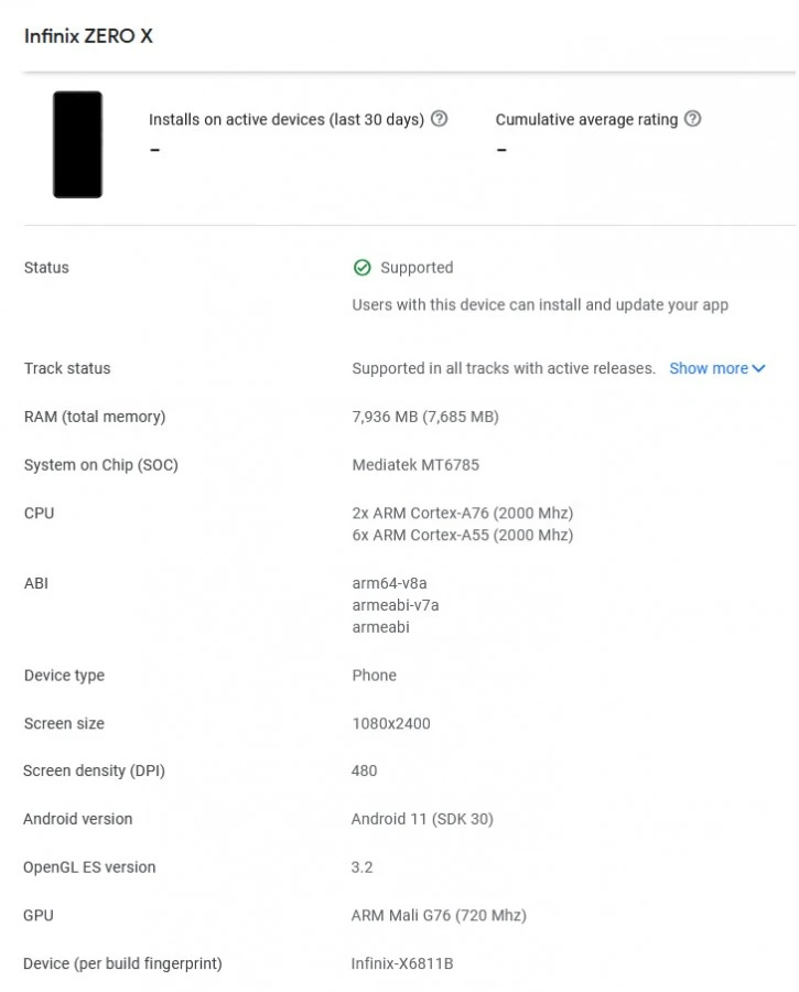 Infinix Zero X series Google Play Console - Zero X
