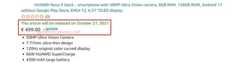 Huawei nova 9 Europe Price Amazon listing