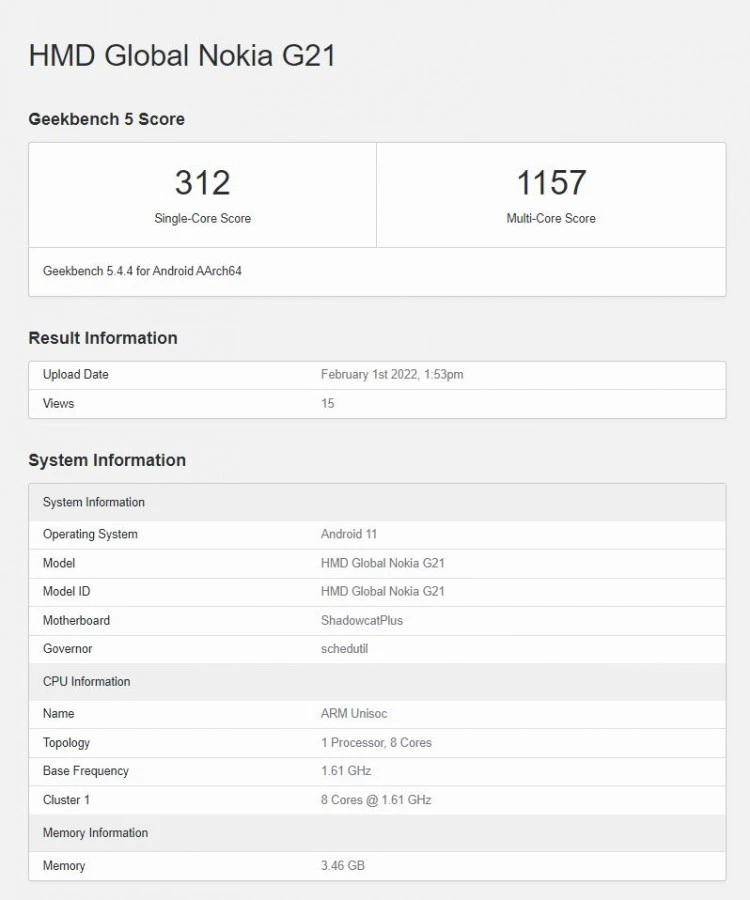 Nokia G21 Geekbench listing 2