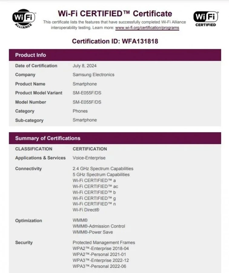 Samsung Galaxy F05 and M05 WiFi Alliance listing 1