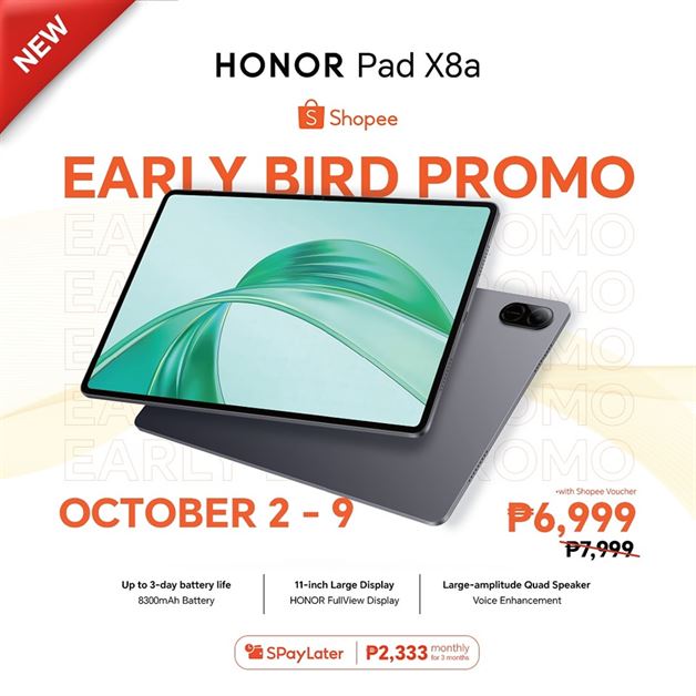 Get the HONOR Pad X8a for Only PHP 6,999 via Shopee from October 2 to 9!