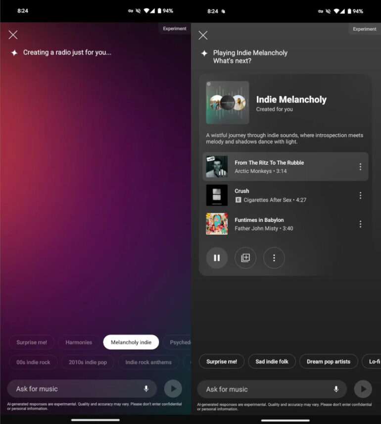 YouTube Music Ask Music Prompts