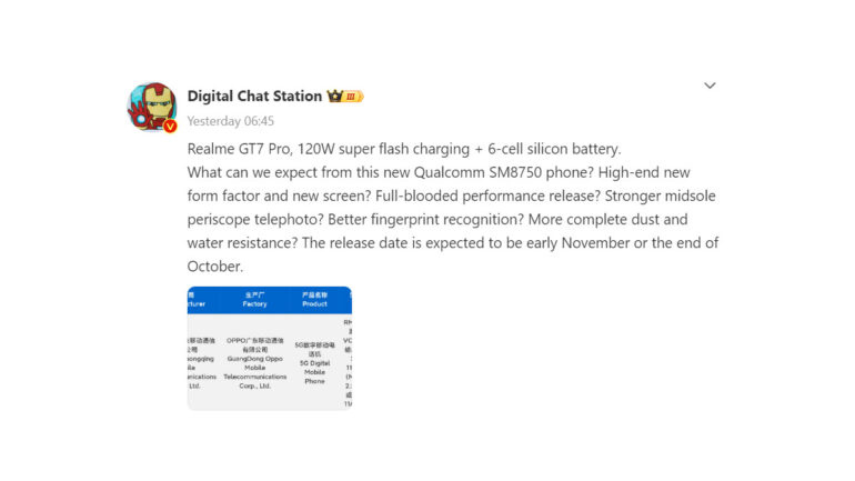 realme GT 7 Pro alleged battery Digital Chat Station