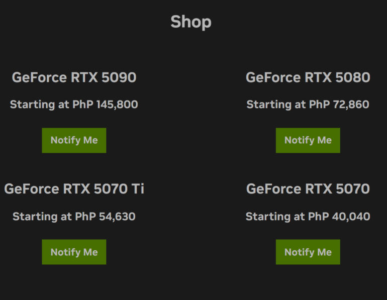 Nvidai RTX 5090 RTX 5080 RTX 5070 Ti RTX 5070 Price PH