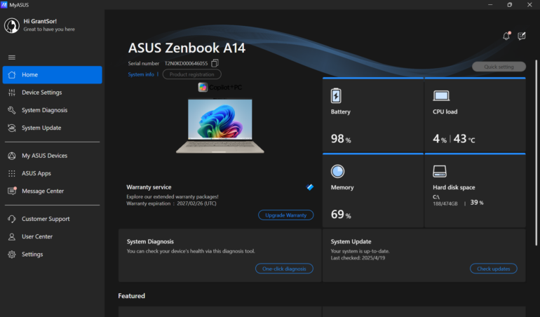 ASUS Zenbook A14 UX3407 Review MyASUS 1